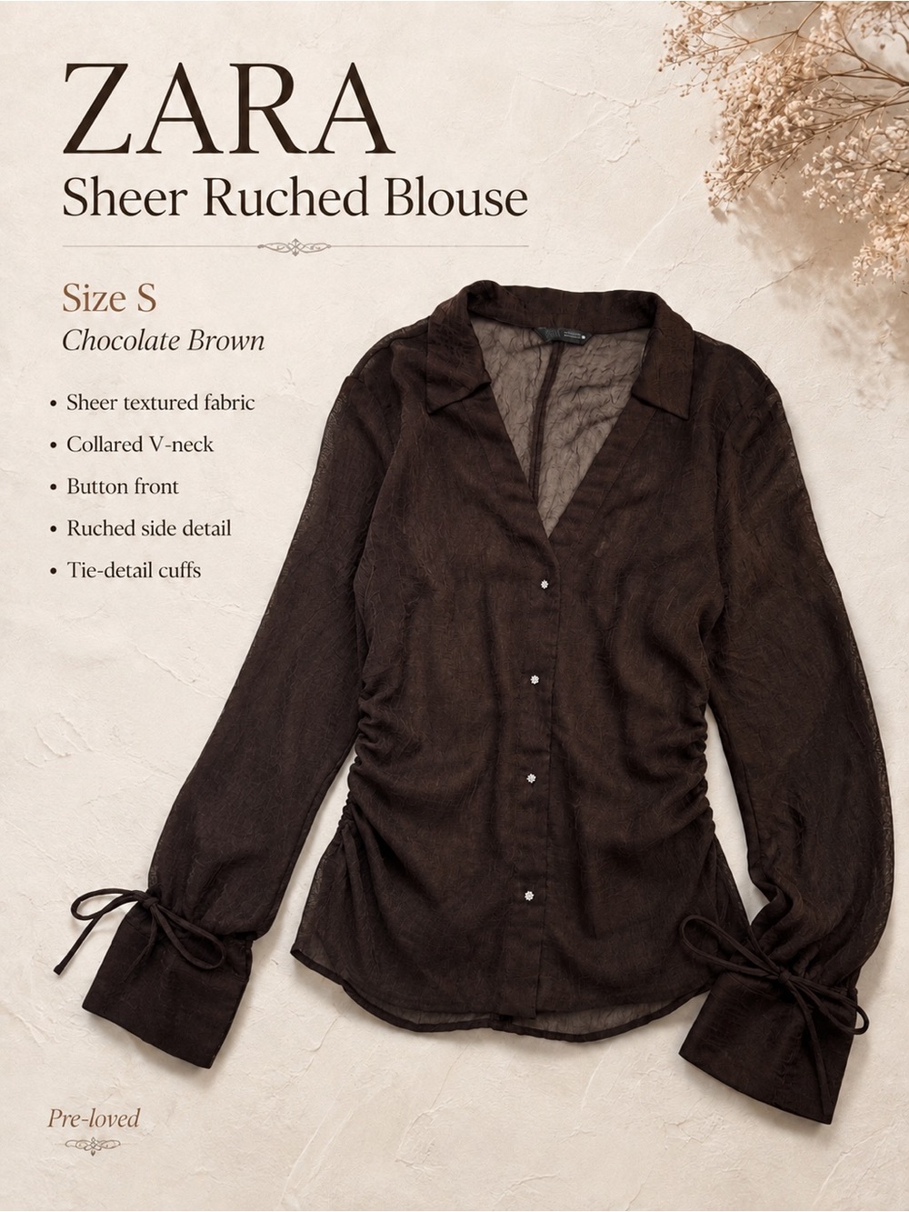 Zara Chocolate Brown Sheer Ruched Blouse | Size S | Never Worn
